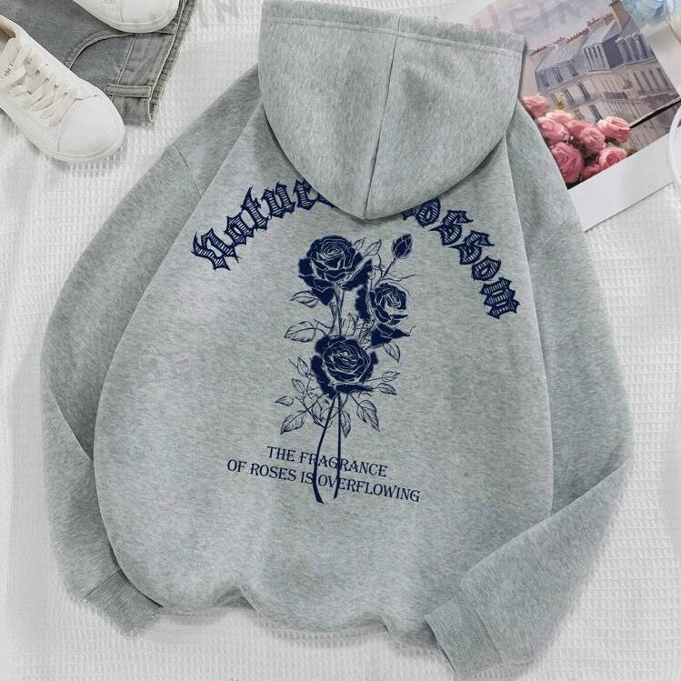 Rose And Letter Print Hoodie Casual Sweatshirt Men And Women