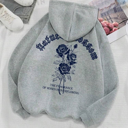 Rose And Letter Print Hoodie Casual Sweatshirt Men And Women