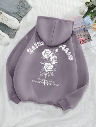 Rose And Letter Print Hoodie Casual Sweatshirt Men And Women