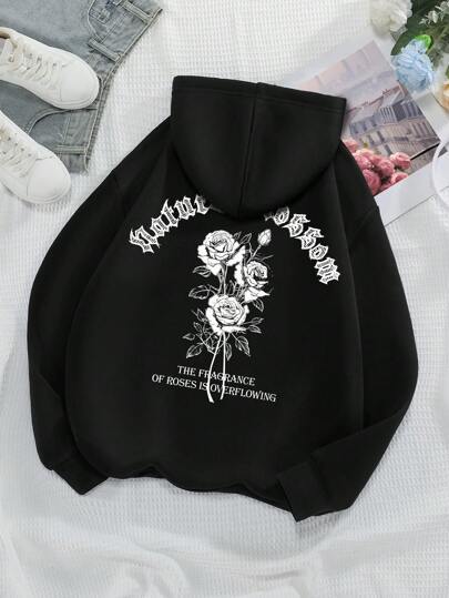 Rose And Letter Print Hoodie Casual Sweatshirt Men And Women