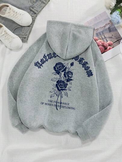 Rose And Letter Print Hoodie Casual Sweatshirt Men And Women