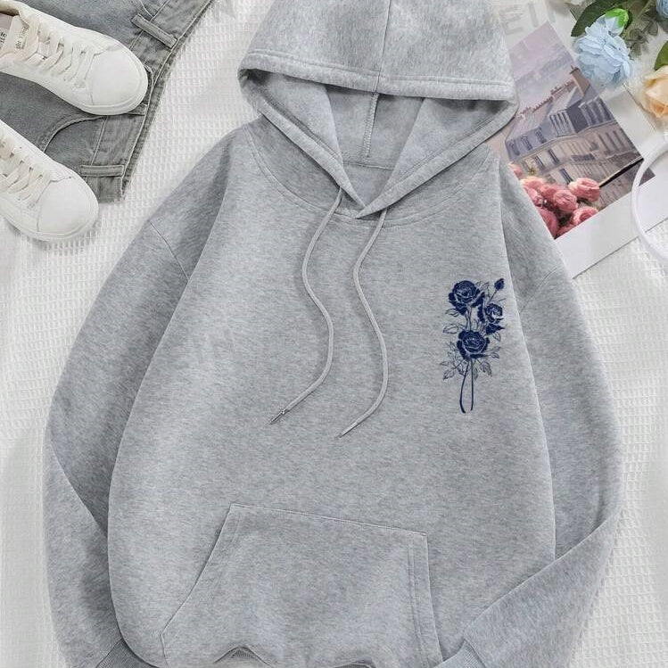 Rose And Letter Print Hoodie Casual Sweatshirt Men And Women