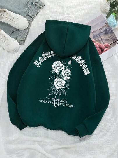 Rose And Letter Print Hoodie Casual Sweatshirt Men And Women