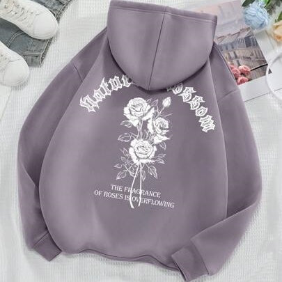 Rose And Letter Print Hoodie Casual Sweatshirt Men And Women
